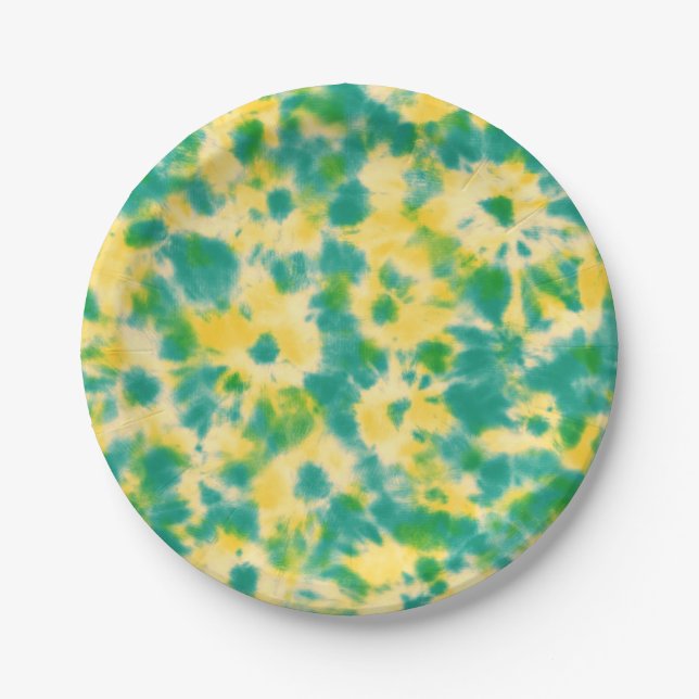 Abstract Green and Yellow Watercolor Tie Dye Paper Plate (Front)
