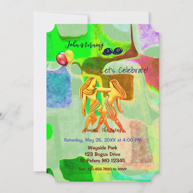Abstract Green Birthday Gemini (May 21 – June 20)  Invitation (Front)