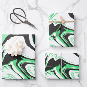 Abstract Green, Black and white Swirling Design Wrapping Paper Sheet