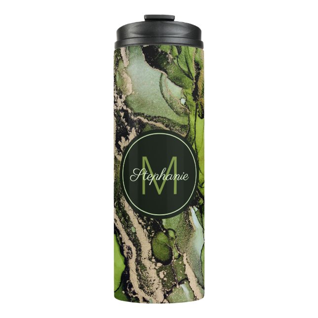 Abstract Green Black Gold Camouflage DIY Name Thermal Tumbler (Front)