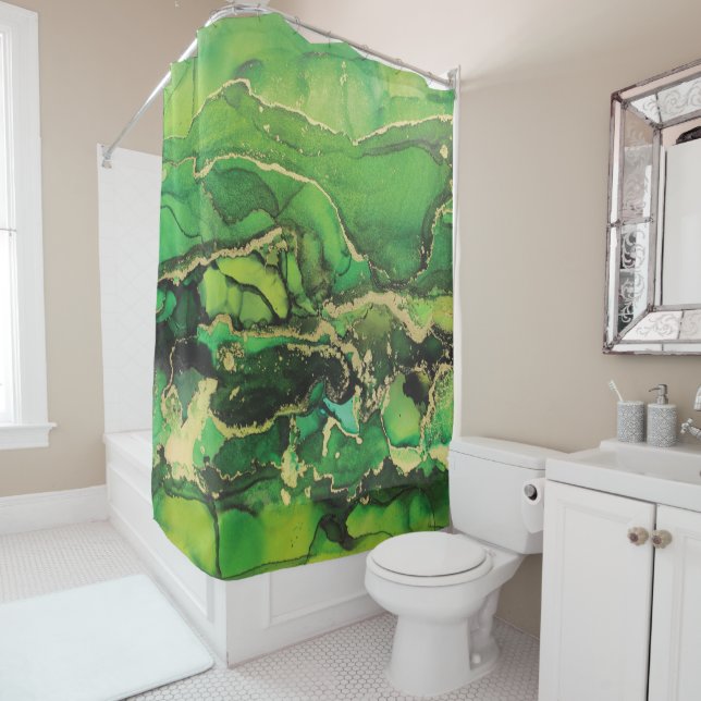Abstract Green Black Gold Shower Curtain (In Situ)