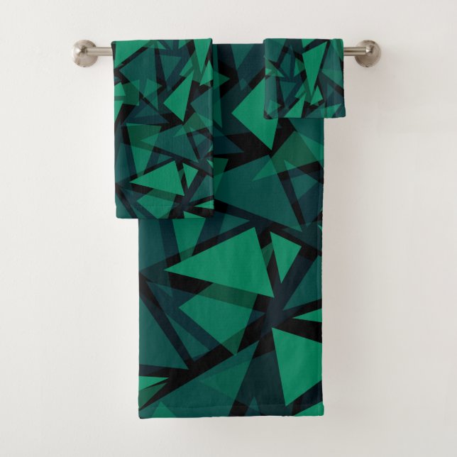 Abstract green emerald polygonal pattern throw pil bath towel set (Insitu)