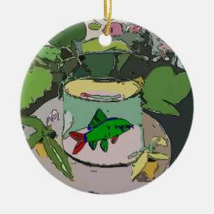 Abstract Green Fish, add, edit text Ceramic Tree Decoration