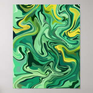 Abstract Green Fluid Art with Yellow Accents Poster