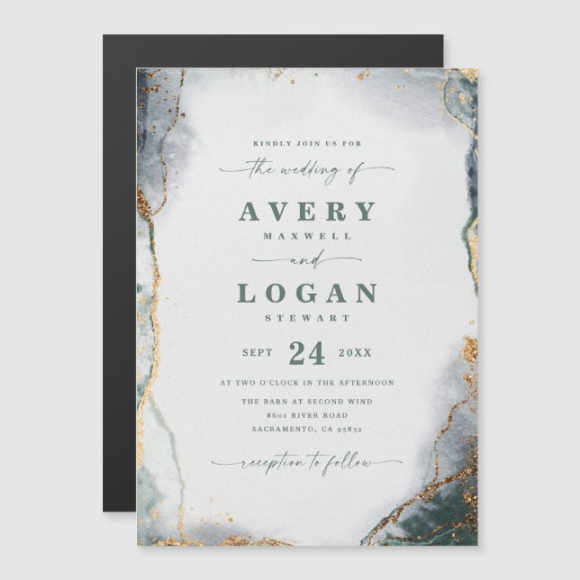 Abstract Green & Gold Magnetic Wedding Invitation (Front/Back)