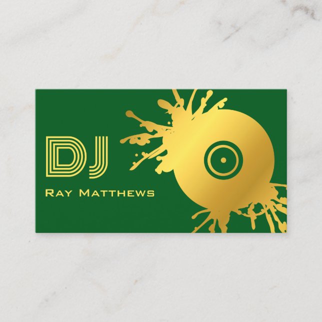 Abstract Green Gold Music Disc DJ Business Card (Front)