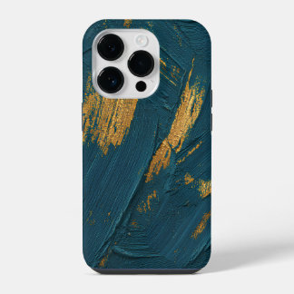 Abstract Green & Gold Textured Brushstroke Canvas iPhone 14 Pro Case