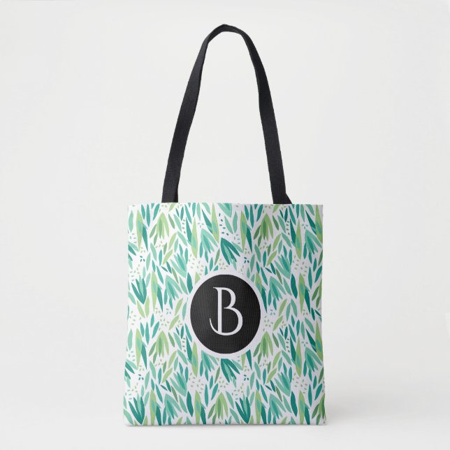 Abstract Green Leafs Botanical Pattern Tote Bag (Front)