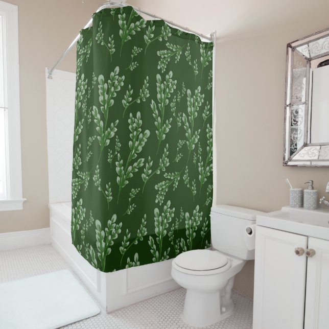 Abstract Green Leafy Pattern Shower Curtain (In Situ)
