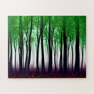 Abstract Green Leaves on Black Silhouette Forest Jigsaw Puzzle