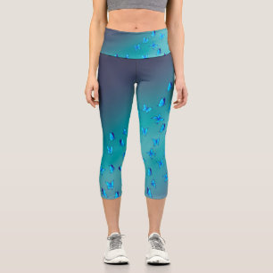 Abstract Green Moon and Butterflies Capri Leggings
