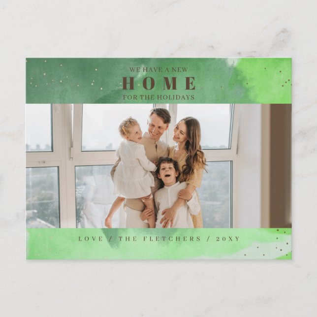 Abstract Green New Home for Holidays Photo Moving Postcard (Front)