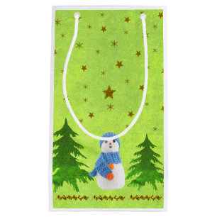 Abstract green paper Sparkly gold stars, snowman Small Gift Bag