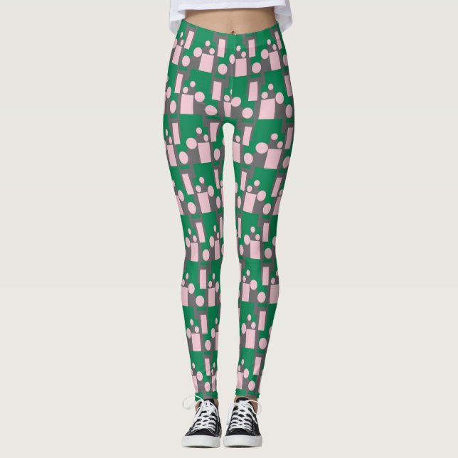 Abstract Green Pink Pattern with Circles and Lines Leggings (Front)