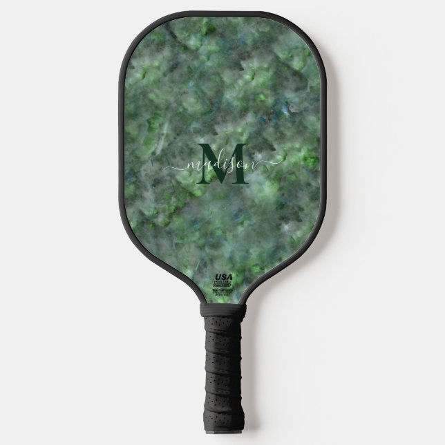 Abstract green quartz marble granite calligraphy pickleball paddle (Front)