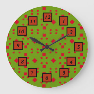 Abstract Green Red Pattern with Bits and Squares Large Clock