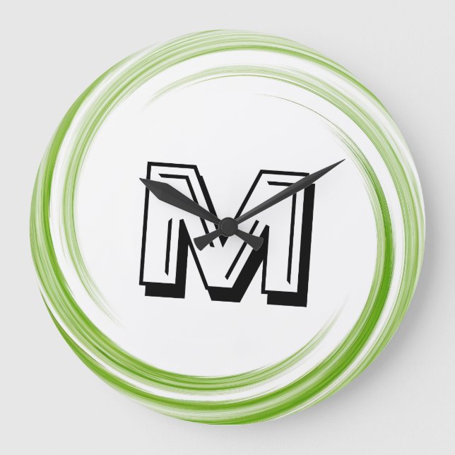 Abstract Green Swirl Monogram #3 Large Clock (Front)
