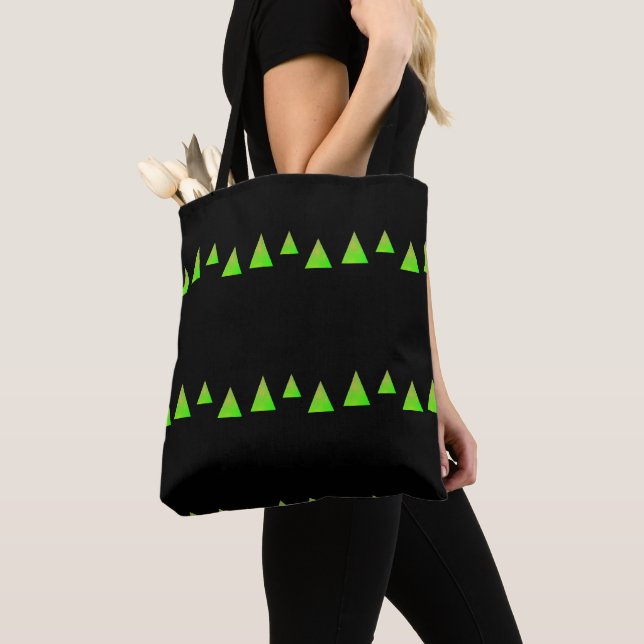 Abstract green triangles on black tote bag (Close Up)