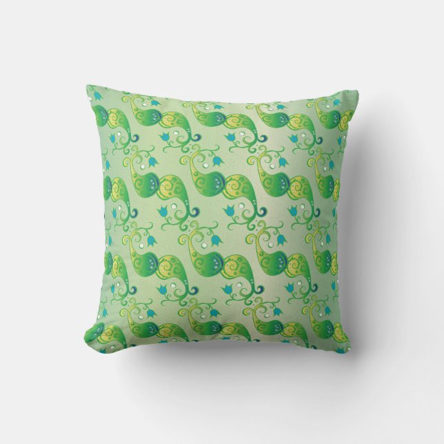 Abstract Green Tulip Boteh Floral Pattern Cushion (Front)