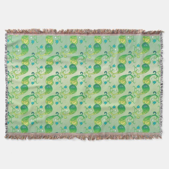 Abstract Green Tulip Boteh Floral Pattern Throw Blanket (Front)