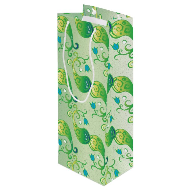 Abstract Green Tulip Boteh Floral Pattern Wine Gift Bag (Back Angled)