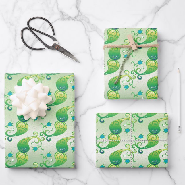 Abstract Green Tulip Boteh Floral Pattern Wrapping Paper Sheet (Front)