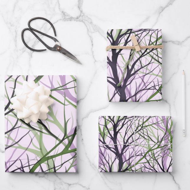 Abstract green violet tree branches wrapping paper sheet (Front)