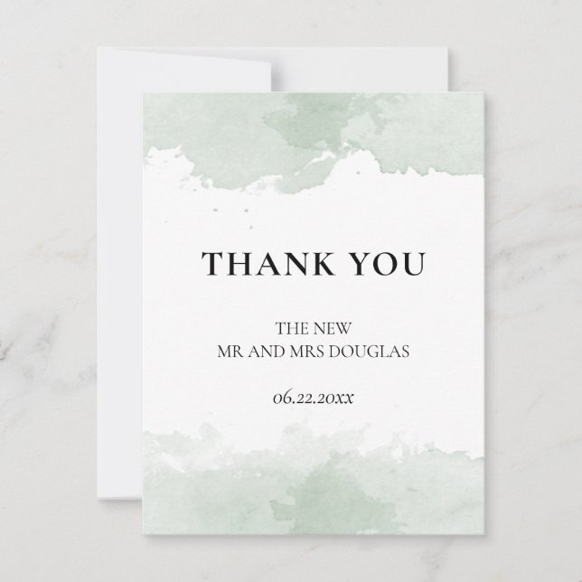 Abstract green watercolor wedding thank you card (Front)