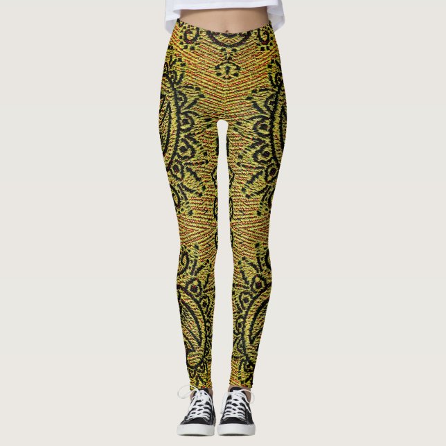 Abstract Green, yellow Paisley pattern Leggings (Front)
