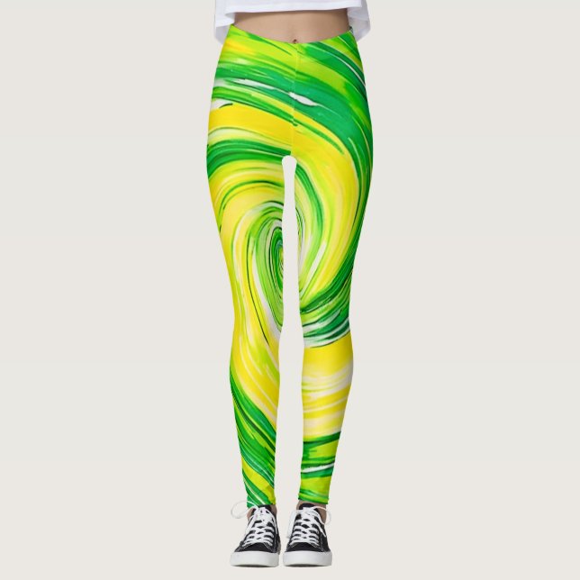 Abstract Green Yellow Spiral Art Leggings (Front)