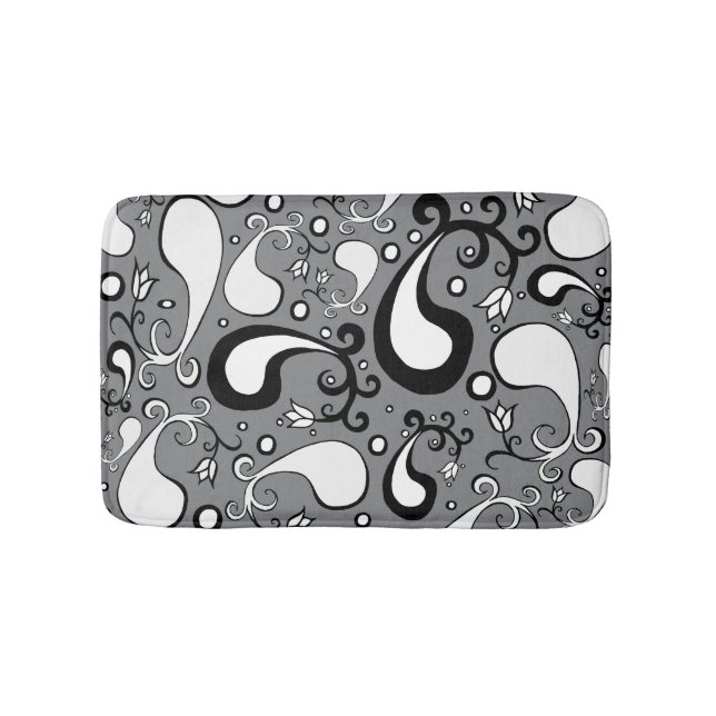 Abstract grey and white Tulip Paisley pattern Bath Mat (Front)