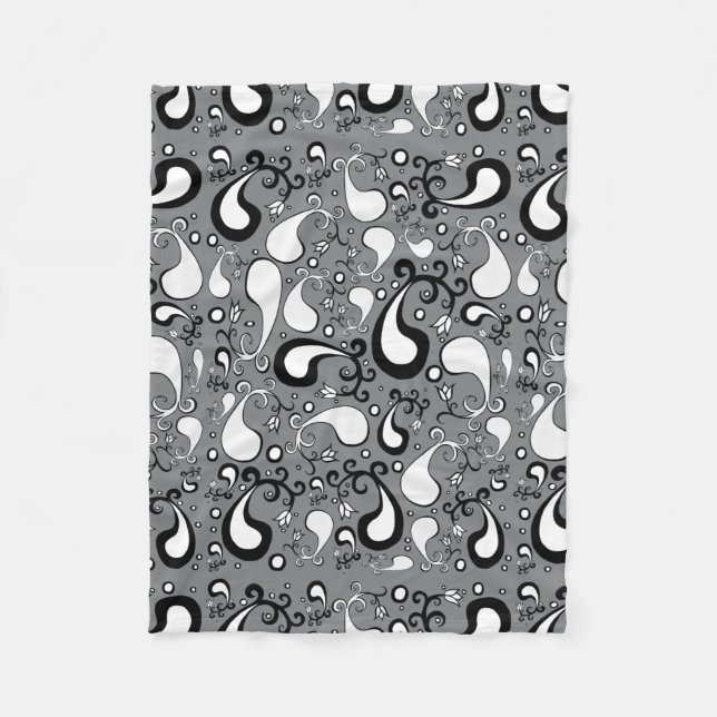 Abstract grey and white Tulip Paisley pattern Fleece Blanket (Front)