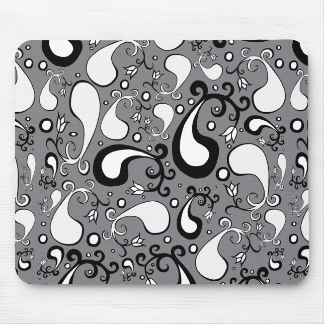 Abstract grey and white Tulip Paisley pattern Mouse Mat (Front)