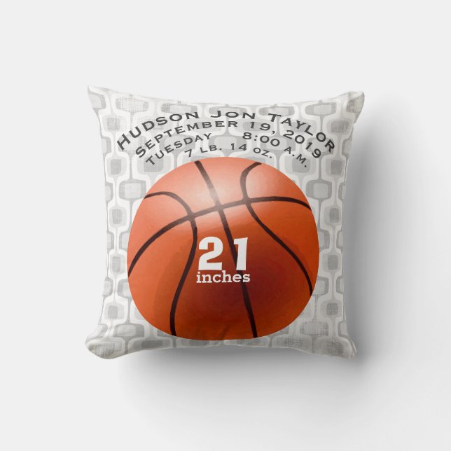 Abstract Grey Basketball Boys Birth Record Cushion (Front)