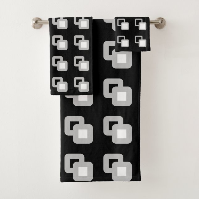 Abstract Grey, Black & White Square Pattern Bath Towel Set (Insitu)
