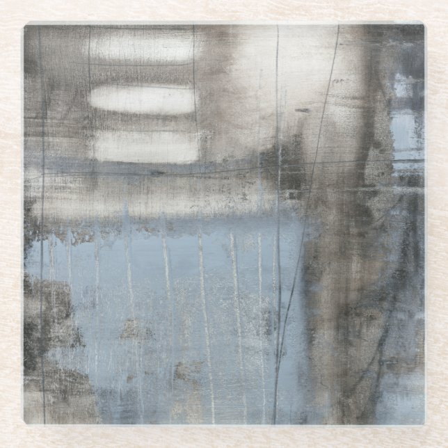 Abstract Grey & Blue Painting Glass Coaster (Front)