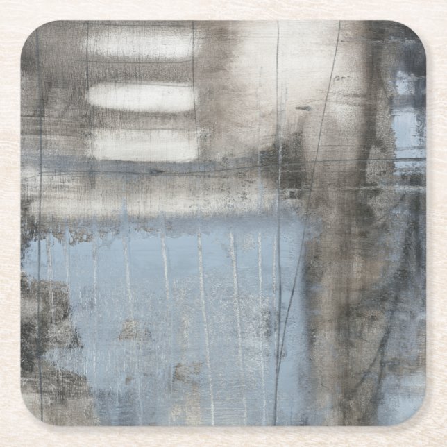 Abstract Grey & Blue Painting Square Paper Coaster (Front)