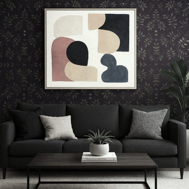 Abstract Grey Leaves on Purple  Wallpaper (Modern room with dark purple with leaf print wallpaper )