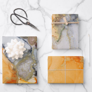 Abstract Grey Orange Gold Alcohol Ink Wrapping Paper Sheet