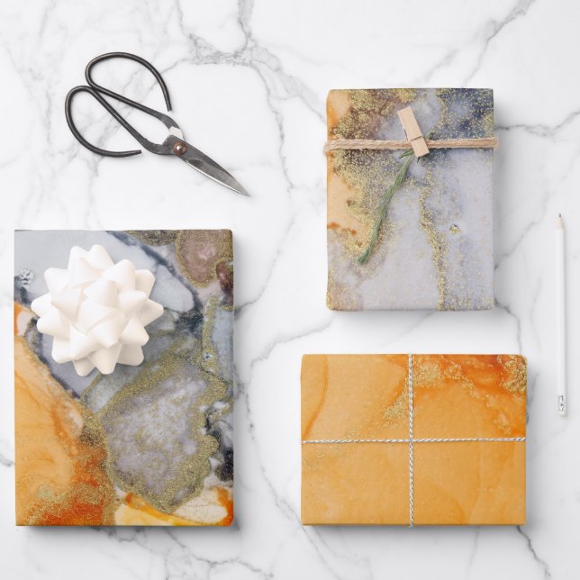 Abstract Grey Orange Gold Alcohol Ink  Wrapping Paper Sheet (Front)