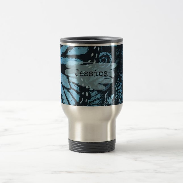 Abstract Grunge Blue Butterfly Art Personalised Travel Mug (Center)