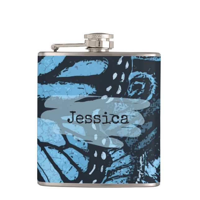 Abstract Grunge Blue Butterfly Art Personalized Hip Flask (Front)