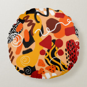 Abstract Hand Drawing Geometric Shapes Brush Strok Round Cushion