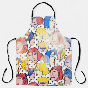 Abstract hand drawing woman faces cartoon with wat apron