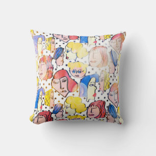 Abstract hand drawing woman faces cartoon with wat cushion