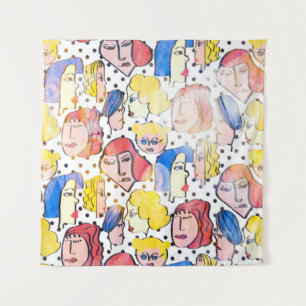Abstract hand drawing woman faces cartoon with wat tapestry