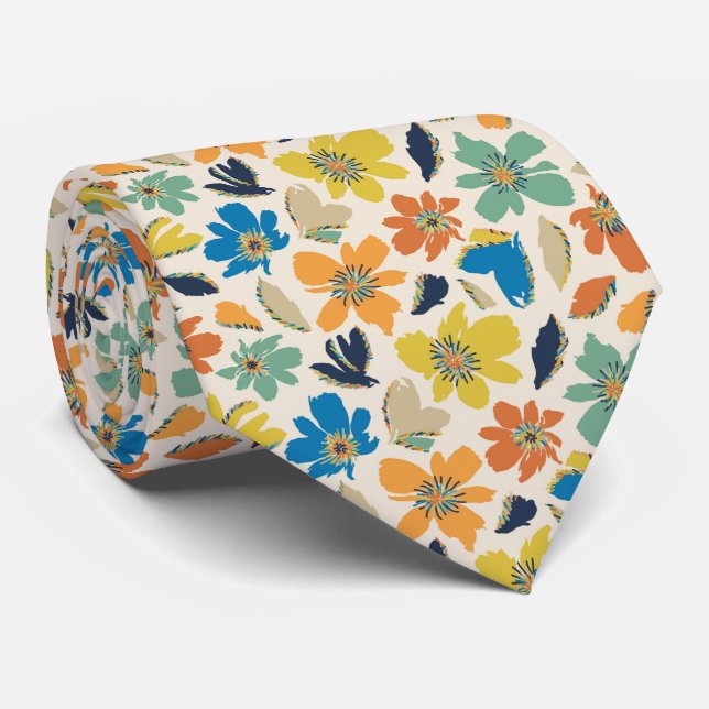 Abstract Hand-Drawn Boho Floral Pattern Tie (Rolled)