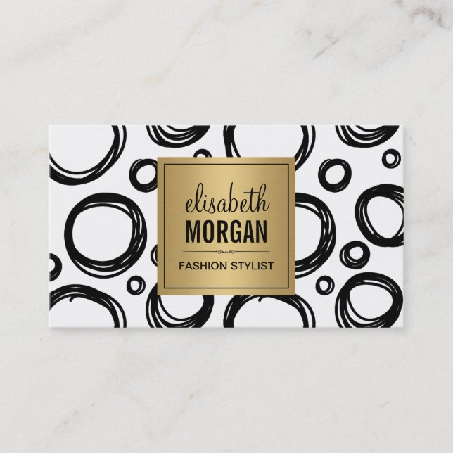 Abstract Hand Drawn Circles and Gold Name Logo Business Card (Front)