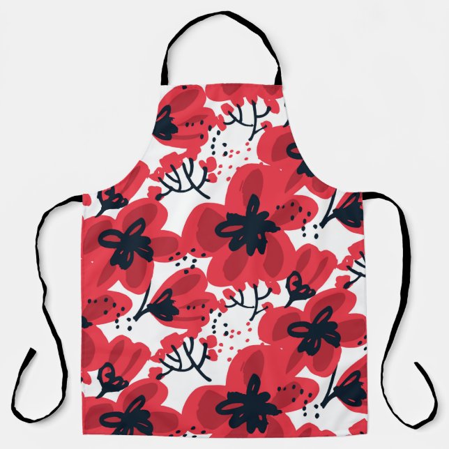 Abstract hand drawn red flowers seamless pattern apron (Front)