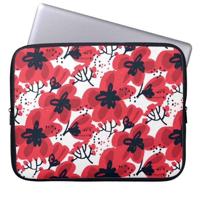 Abstract hand drawn red flowers seamless pattern laptop sleeve (Front)